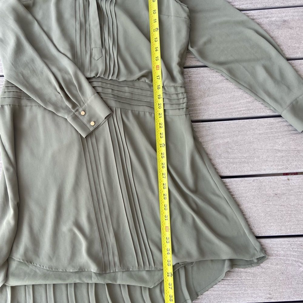 White House Black Market Olive Green Pleated V-Neck Long Sleeve Dress - Picture 7 of 16